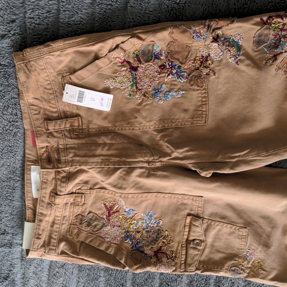 Anthropologie Embroidered Cropped Cargo Pant